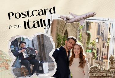 Travel collage titled Postcard from Italy featuring a couple, an accordion player, and an airplane.