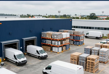A fleet of Transicore delivery vans lined up outside a large warehouse ready for dispatch.