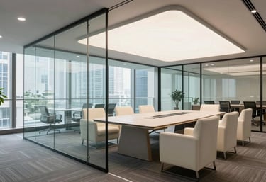 A brightly lit, contemporary glass-walled meeting room in a premium South Asian office building, with off-white furniture and a professional atmosphere.