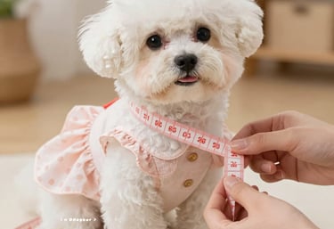 Cachorro Bichon Frise blanco con un vestido rosa medido para ropa de mascota con una cinta métrica.