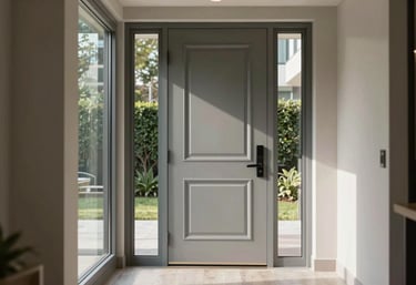 A stylish residential entryway with a muted silver grey door and large glass side panels, soft natural light, clean interior design.