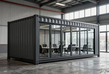 A sleek, custom-designed gray and black container office with large glass windows, placed in a modern industrial setting in Turkey, professional and spacious feel.
