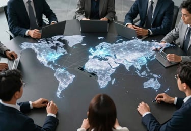 An overhead shot of a sleek, dark conference table where professionals are interacting with a translucent, glowing holographic projection of global network nodes.