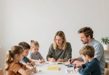 A small group of teenagers happily interacting during an in-person Swedish class.
