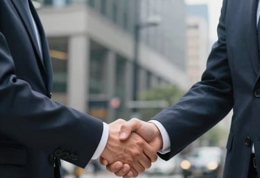 A candid shot of a successful professional handshake between two people in business casual attire, set against a blurred background of a modern US downtown area.