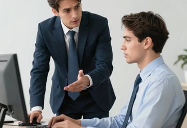 A modern office workspace with people collaboratively reviewing business documents.