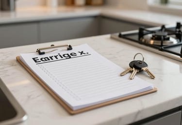 A photography shot of a perfectly organized kitchen counter in a luxury home, showing a checklist and a set of keys, signifying completed errands.