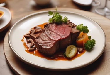 Close-up of a beautifully plated filet de bœuf with melted Saint-Marcellin cheese and fresh herbs.