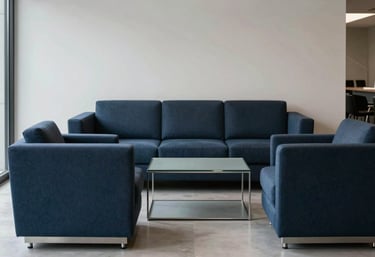 A minimalist, modern South American / Brazilian business lounge with clean lines, featuring furniture in deep charcoal blue and silver blue.