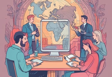 Illustration of diverse professionals connected by glowing lines across a world map.