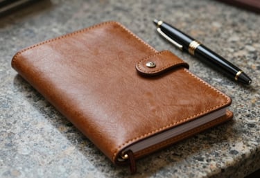A detailed shot of a high-quality leather planner and an elegant pen on a polished stone surface. The style is professional and organized, with a focused North American business aesthetic.