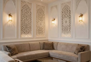 A beautifully decorated modern Turkish lounge with finished paintwork and decorative wall panels, elegant lighting, Middle Eastern architectural details.