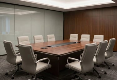 An empty, high-end corporate conference room in a North American city with a large table and sophisticated light gray chairs.