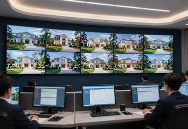 A clean, modern security control room with multiple monitors showing surveillance feeds of a high-end estate, professional authoritative lighting in dark navy tones.