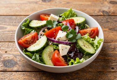 An overhead shot of a vibrant, colorful Mediterranean-style salad with fresh ingredients on a rustic wooden table, bright natural light, professional food photography.