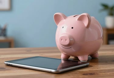 A piggy bank sitting next to a digital tablet on a wooden table in a North American / US home, symbolizing affordability. Soft sky blue lighting.