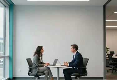A wide-angle photography shot of a bright, modern North American office interior with light gray walls and teal accents, featuring two professionals in a mentor meeting.