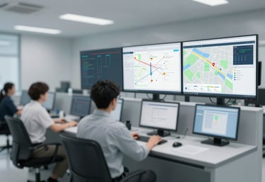 A modern, bright industrial control room with screens displaying safety metrics and site maps. The focus is on technology-driven compliance.