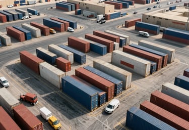 An aerial view of a logistics hub in Dubai with cargo containers and transport vehicles, representing global procurement and supply chains.
