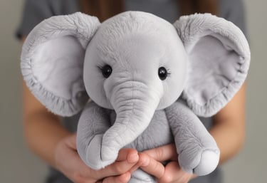 A soft grey plush elephant toy being held gently in two hands against a neutral background.