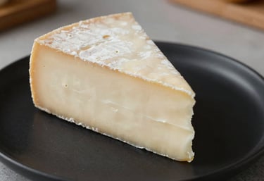 Close-up of a creamy white cheese wedge (Manteco style) on a minimalist black ceramic plate. Latin American / Spanish home dining setting. Palette: Creamy Vanilla and Black.