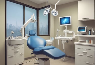 A modern medical consultation room with equipment and a doctor attending a patient.