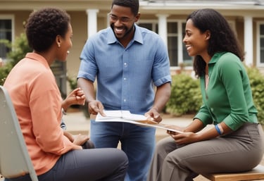 A warm community gathering outside newly built homes, smiling families sharing stories.