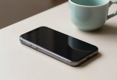 A modern smartphone lying on a soft ivory desk next to a muted seafoam ceramic cup, symbolizing connectivity and modern lifestyle.