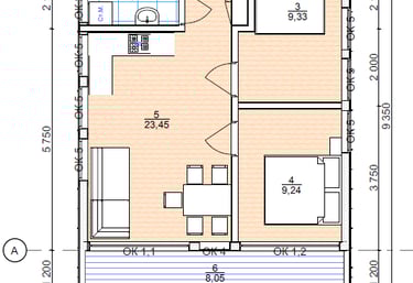 Detailed architectural floor plan of a small modern house with two bedrooms and kitchen layout.