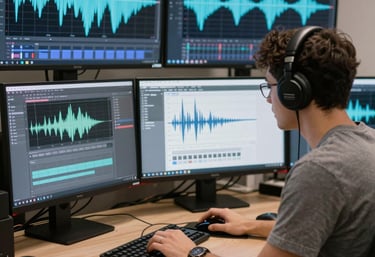 A professional recording studio with soundboards and instruments ready for session.