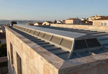 Final view of a beautiful Marseille residence with a perfectly installed roof ridge and venting (closoire), architectural elegance, afternoon sun, professional finish.