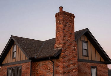 A wide-angle shot of a beautiful, clean brick chimney on the side of a traditional North American / US house. The sky is a soft dusk color, and the house has dark espresso trim and warm brown accents.