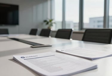 A modern sleek Polish bank meeting room with natural daylight streaming through large windows, a clean table with high-end financial documents.