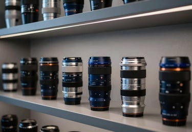 A photo of finished high-tech products neatly arranged on a shelf in a modern showroom, symbolizing successful market entry, in dark navy and steel blue tones.