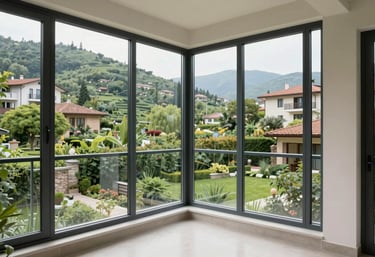 A wide shot of a residential balcony featuring a foldable glass system. The view overlooks a green Anatolian garden. The style is clean, airy, and bright, emphasizing the transparent, invisible look of the glass.