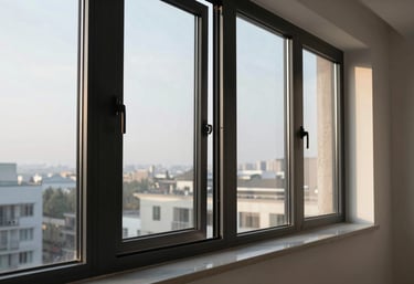 A stylish interior view of a modern apartment with large PVC window frames in charcoal black. The lighting is soft morning light, highlighting the premium finish of the frames and the quality of the glass seal.
