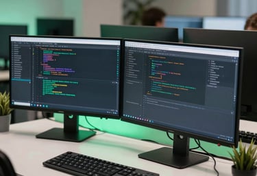 A modern software development workstation in a Latin American / Spanish tech hub, featuring multiple monitors displaying clean code, mint green lighting accents, and professional desk setup.
