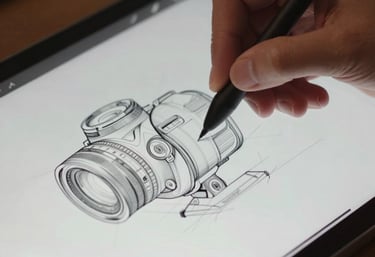 A macro photograph of a digital stylist's hand using a precise stylus on a high-end tablet screen, sketching out a professional wireframe.