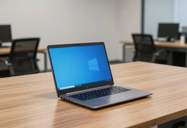A neat workspace showing a laptop with a calendar and emails on screen.