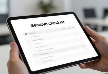 A close-up of a digital tablet showing a secure checklist, with soft focus on a modern office background.