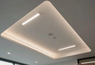 Low angle shot of a clean, modern commercial office space in Vancouver with high-end recessed LED lighting expertly installed.