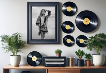 Framed image over the shelf with vinyl records