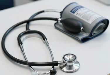 A sharp, professional photograph of a stethescope and a blood pressure cuff resting on a clean white table in a medical office setting.