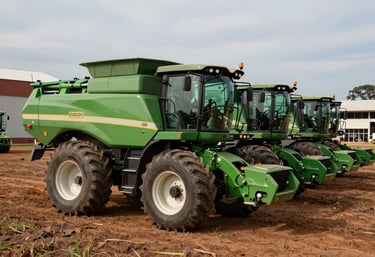 A fleet of modern green agricultural machinery parked neatly on a Brazilian farm, a clean and organized rural facility in the background, professional and efficient atmosphere.