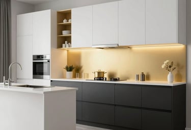 Elegant modern kitchen with pristine surfaces and subtle lighting showcasing craftsmanship.