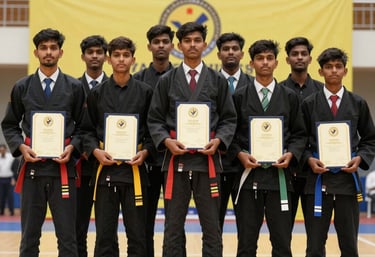 A group of South Asian students standing proudly on a podium after a belt ceremony, holding certificates and wearing new colored belts. The background is a professional tournament hall with yellow banners and academy branding.