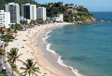 A vibrant Colombian landscape featuring mountains and lush greenery under a bright sky.