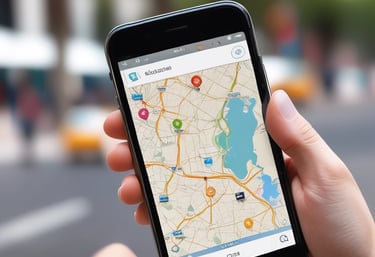 Hands holding smartphone displaying a mobile travel app with vacation destination listings.