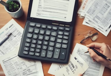A close-up of hands typing on a laptop with payroll software open, surrounded by neat paperwork.