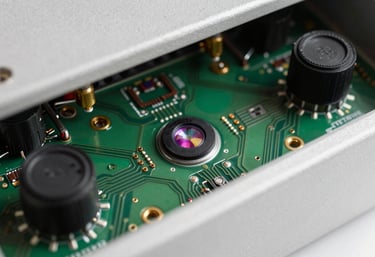 Macro photography of internal circuitry and high-quality optical sensors of a professional alarm system, highlighting technological precision.